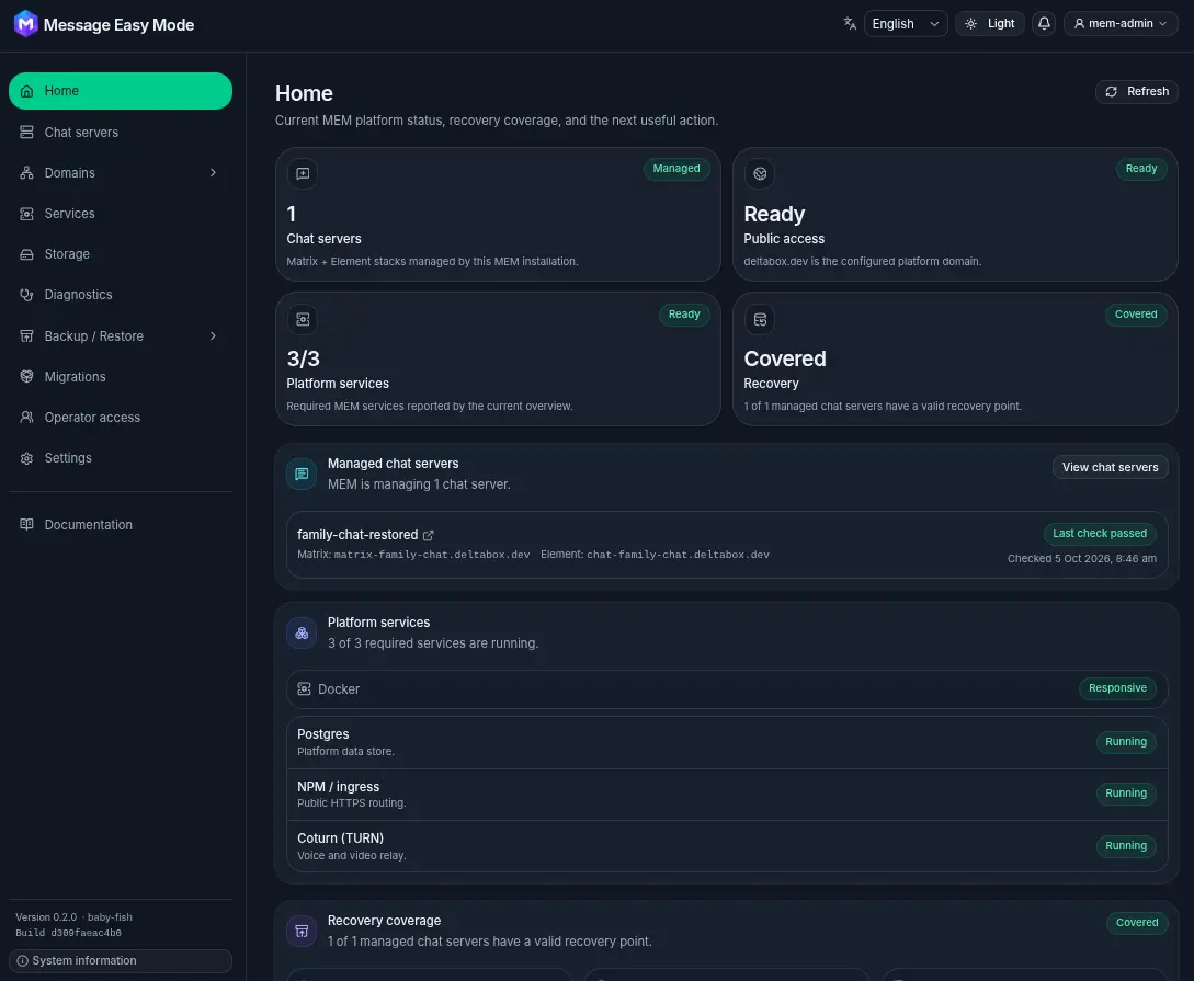 Message Easy Mode Home dashboard showing managed chat servers, public access, platform services, and recovery coverage